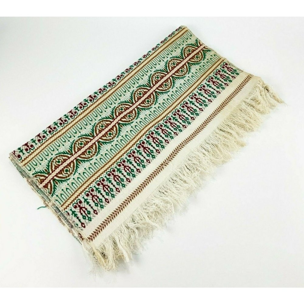 Vintage Thai Green White Brown Burgundy Ethnic Folk Short Table Runner w Fringe